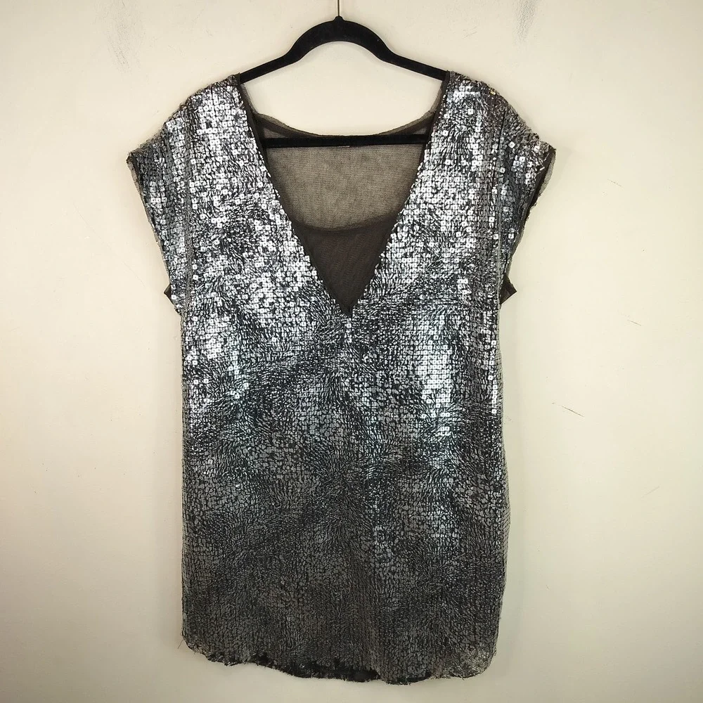 Free People Sequin Mini Dress Womens Medium Sheer Mesh V-Neck Party Glam Silver